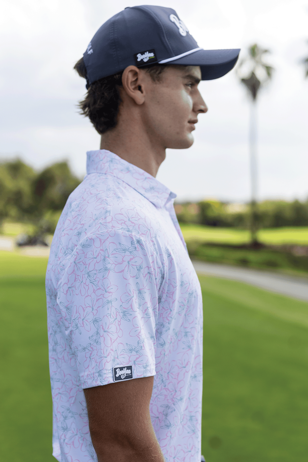 BooYaa Premium Men's Golf Polo, Rosebay White Floral Print, 4-Way Stretch, Moisture-Wicking