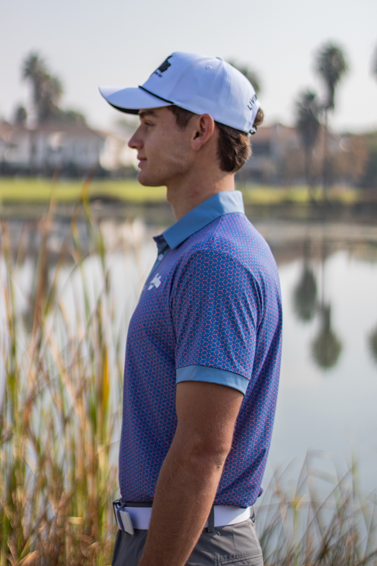 BooYaa Premium Men's Golf Polo, Fowler Pink and Blue Geometric Print, 4-Way Stretch