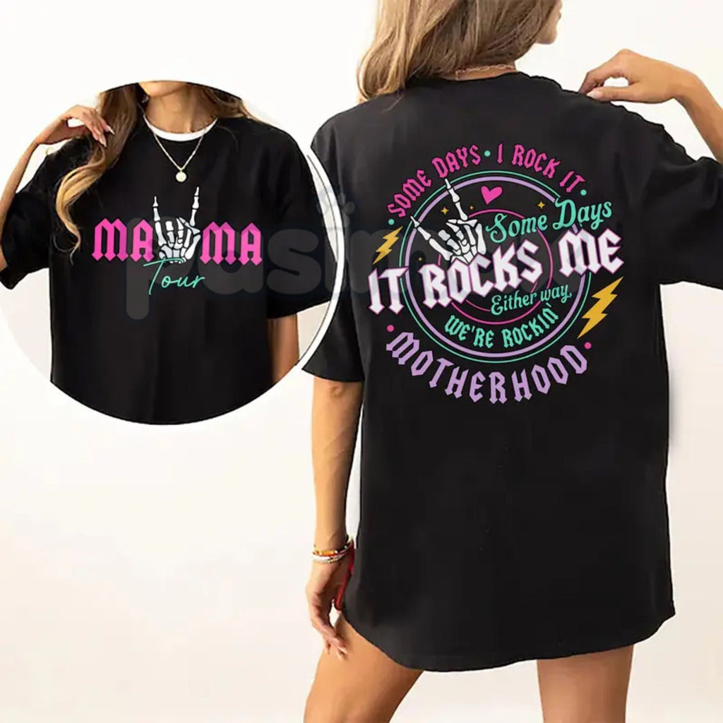 "Mama Tour: It Rocks Me" Graphic T-Shirt – Retro Music-Inspired Motherhood Tee, Premium 100% Cotton Concert Aesthetic Top, Soft Lived-In Heavyweight Rock n' Roll Mom Shirt, Made in USA