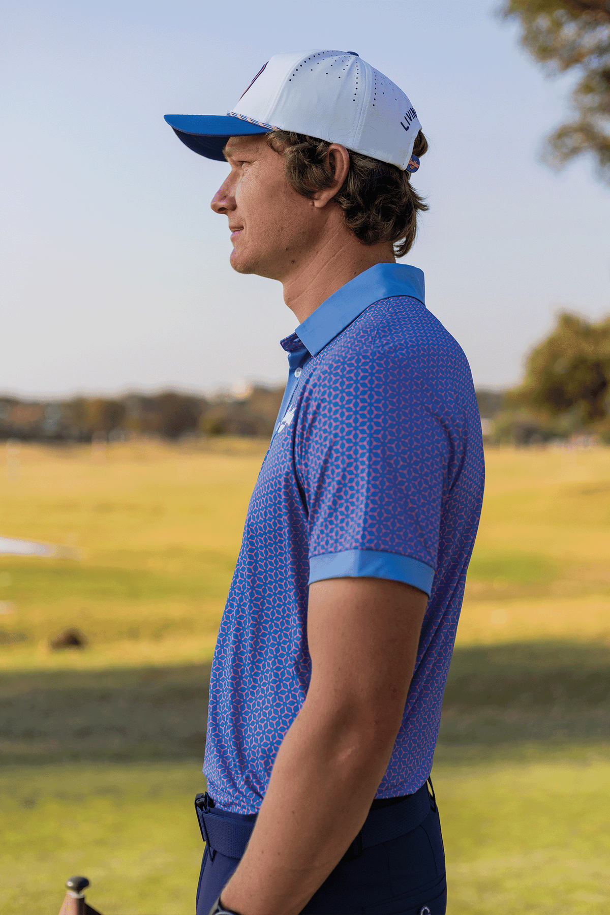 BooYaa Premium Men's Golf Polo, Fowler Pink and Blue Geometric Print, 4-Way Stretch