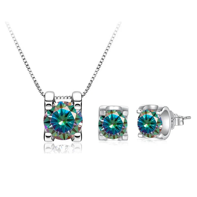Colored Moissanite Necklace & Stud Earring Set in Silver