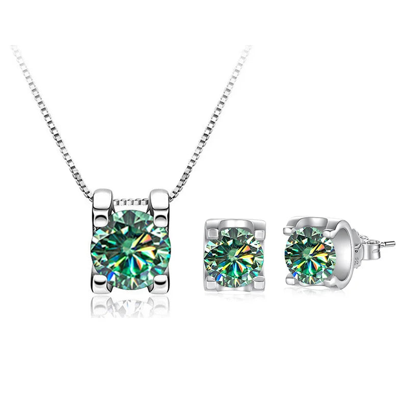 Colored Moissanite Necklace & Stud Earring Set in Silver