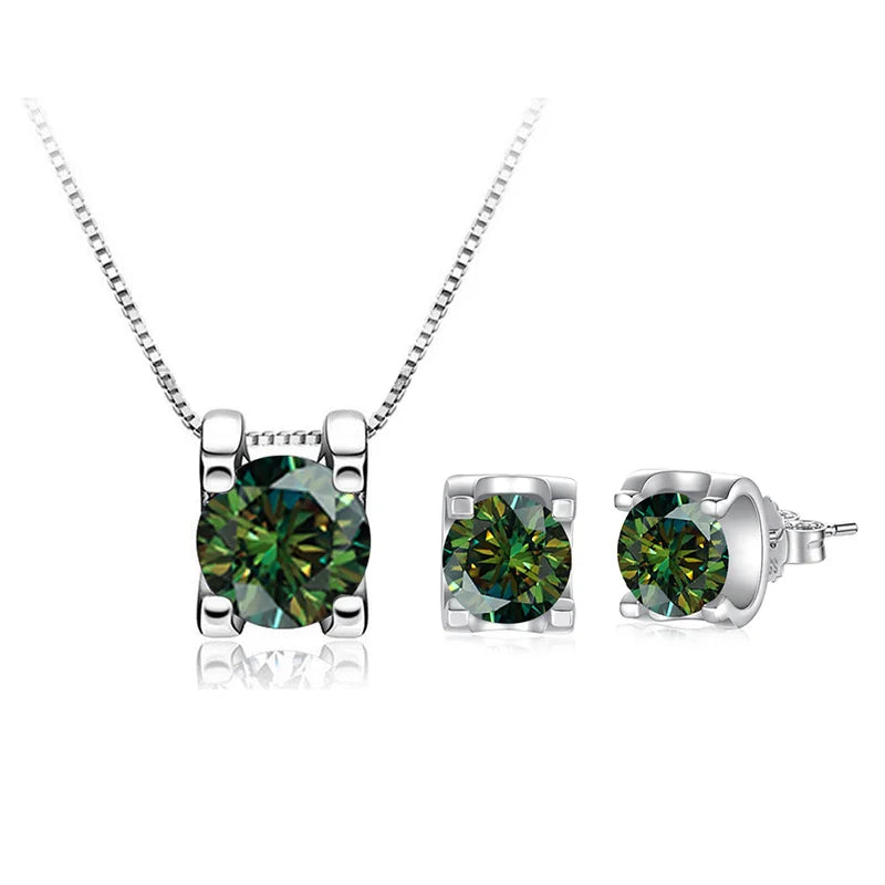 Colored Moissanite Necklace & Stud Earring Set in Silver