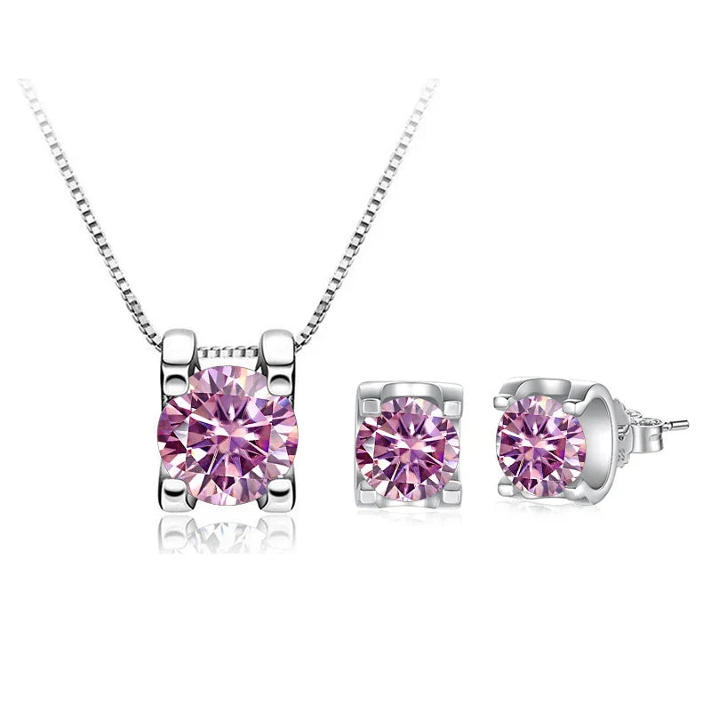 Colored Moissanite Necklace & Stud Earring Set in Silver