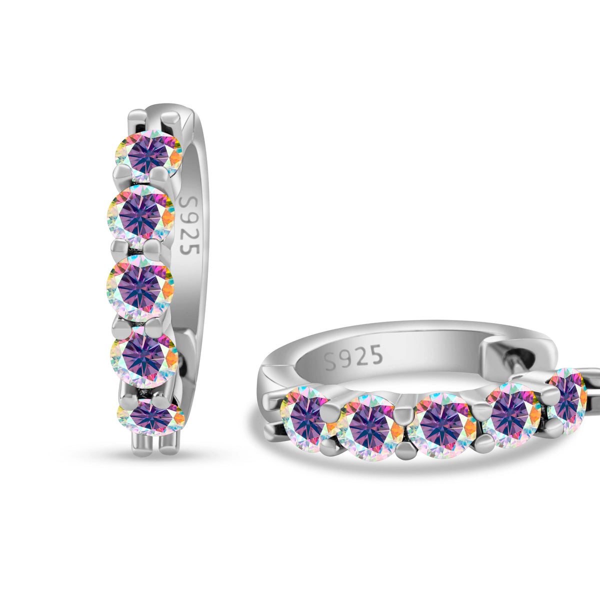 Colored Five-Stone Moissanite Hoop Earrings in Silver