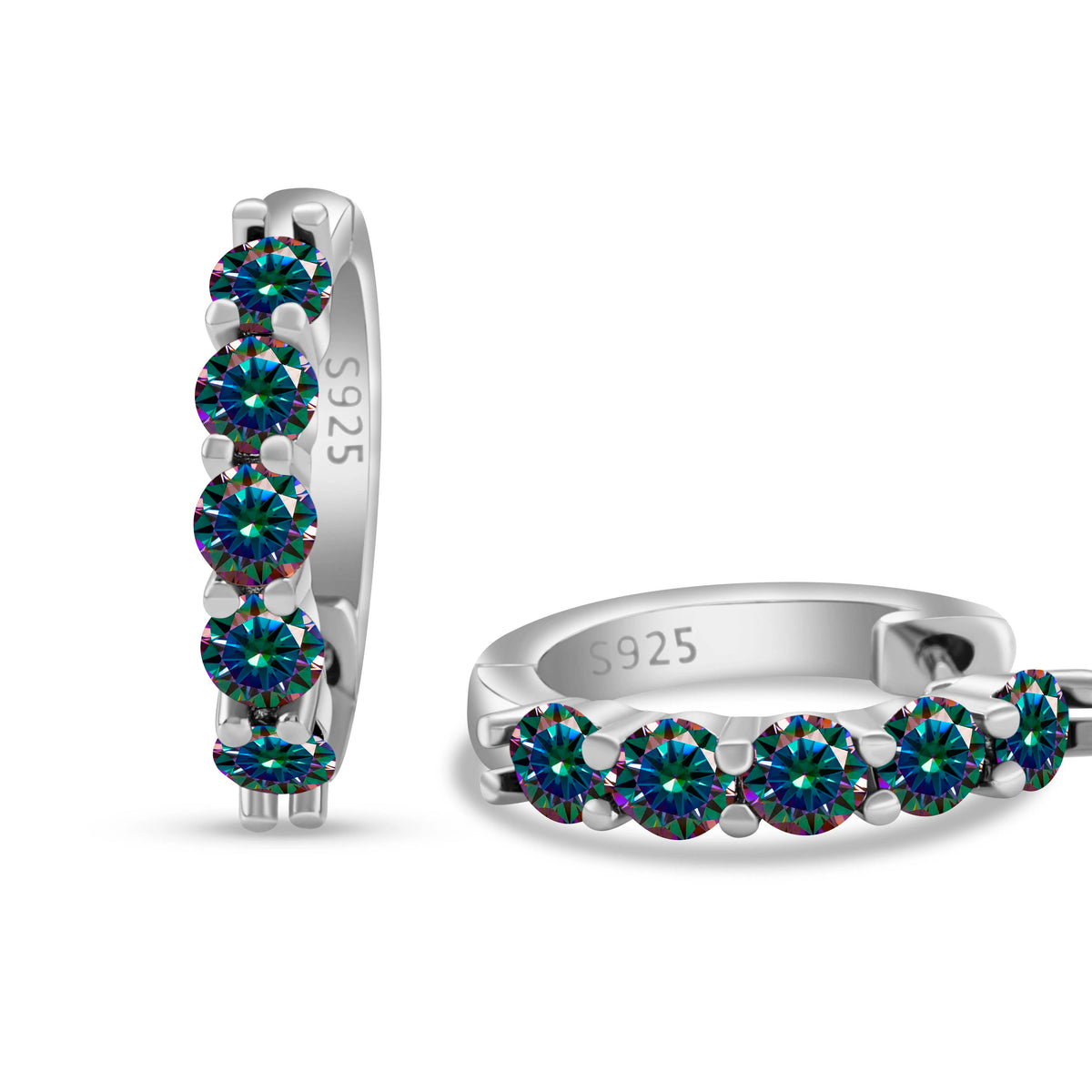 Colored Five-Stone Moissanite Hoop Earrings in Silver