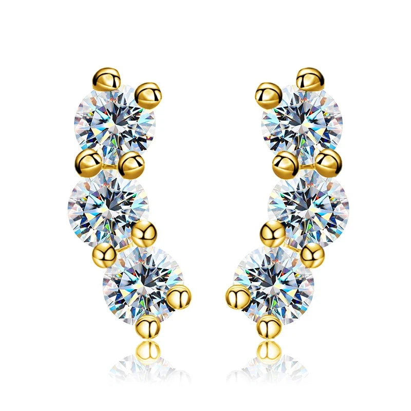 Three-Stone Moissanite Curved Stud Earrings in Sterling Silver