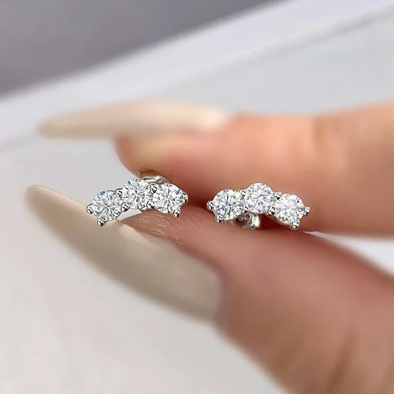 Three-Stone Moissanite Curved Stud Earrings in Sterling Silver