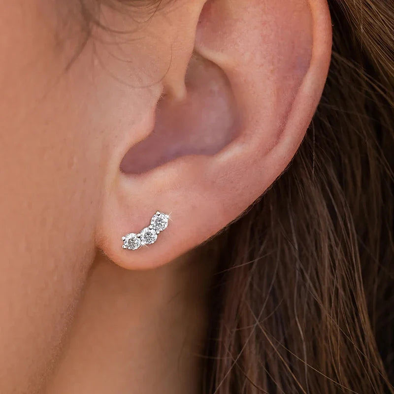 Three-Stone Moissanite Curved Stud Earrings in Sterling Silver