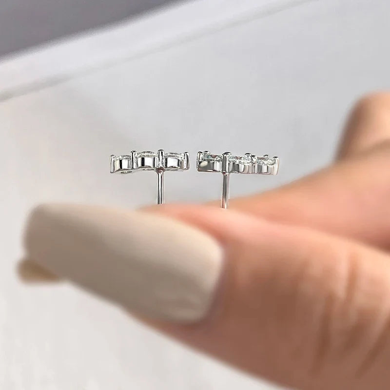 Three-Stone Moissanite Curved Stud Earrings in Sterling Silver