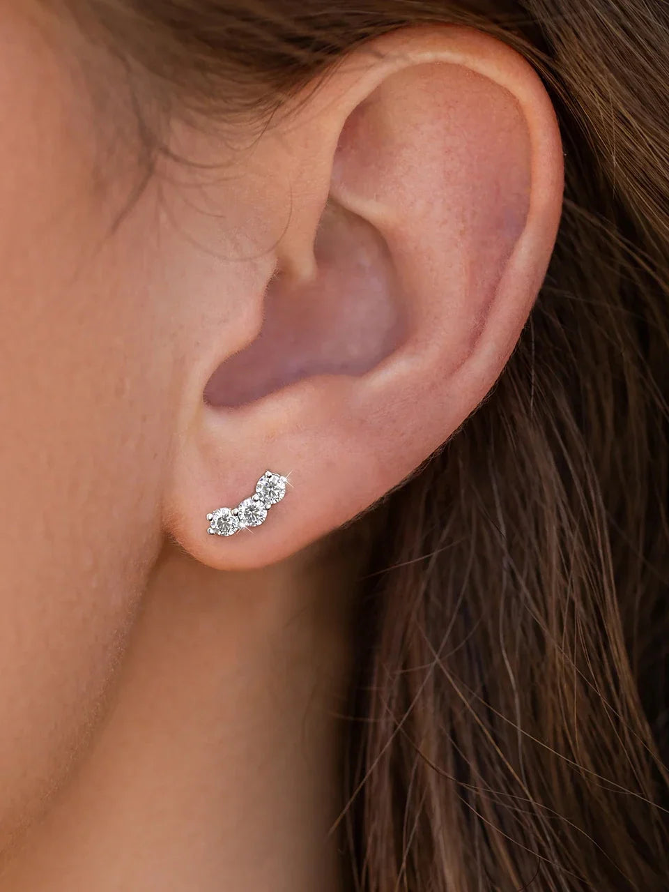 Three-Stone Moissanite Curved Stud Earrings in Sterling Silver