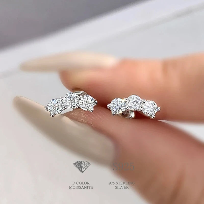 Three-Stone Moissanite Curved Stud Earrings in Sterling Silver