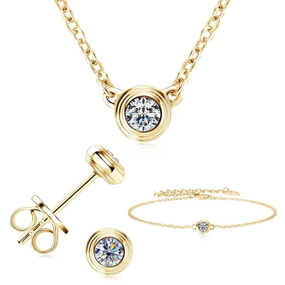 Bezel Moissanite Necklace, Bracelet & Stud Earring Set