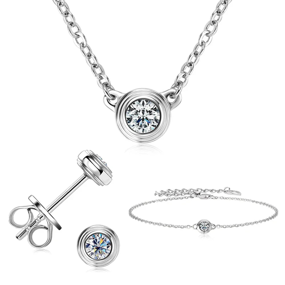 Bezel Moissanite Necklace, Bracelet & Stud Earring Set