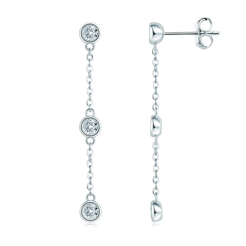 Three-Stone Bezel Moissanite Chain Drop Earrings in Silver