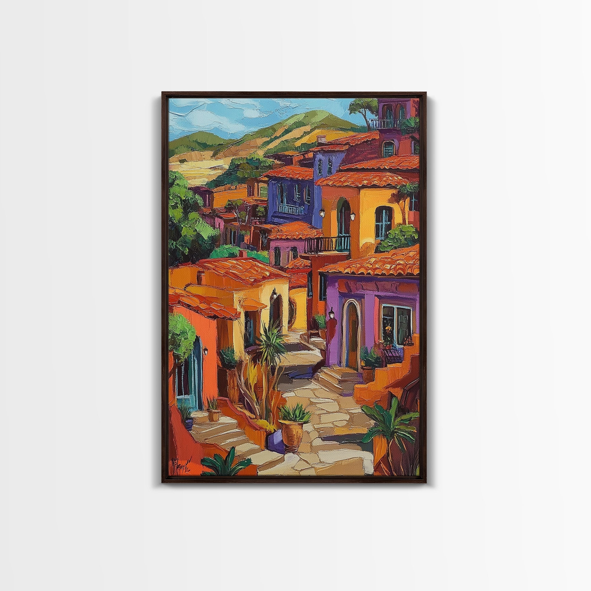Village Warm Colorful, Spanish, Framed Canvas Print colorful village scene, rustic Mediterranean decor, patio wall art, boho sunset print