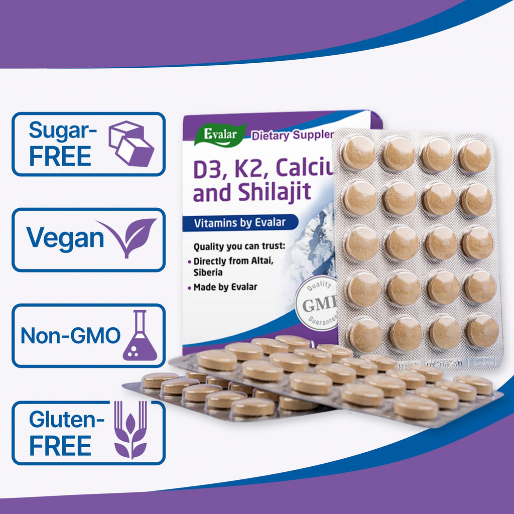 Mountain Calcium with Vitamins D3 + K2 and Shilajit - 80 Tablets | Evalar