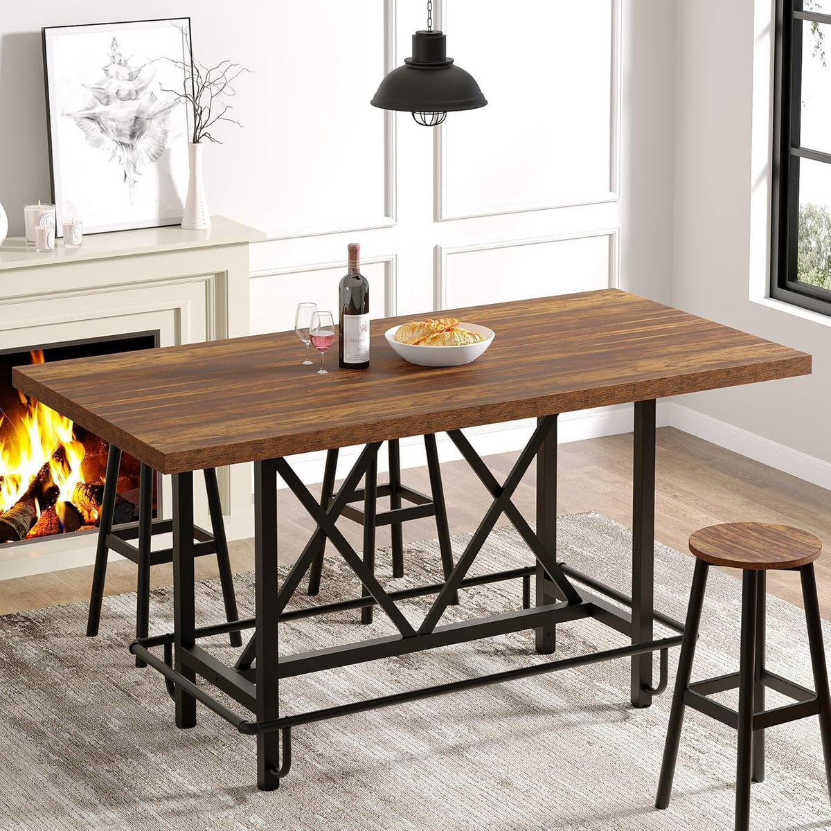 Counter Height Dining Rectangular Kitchen Table for 6 with Steel Frame - Brown / Black