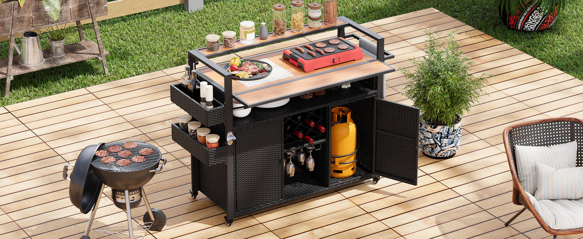 Wicker Outdoor Grill Cart with Extended Table Top and Storage Cabinet - Black Brown or Grey