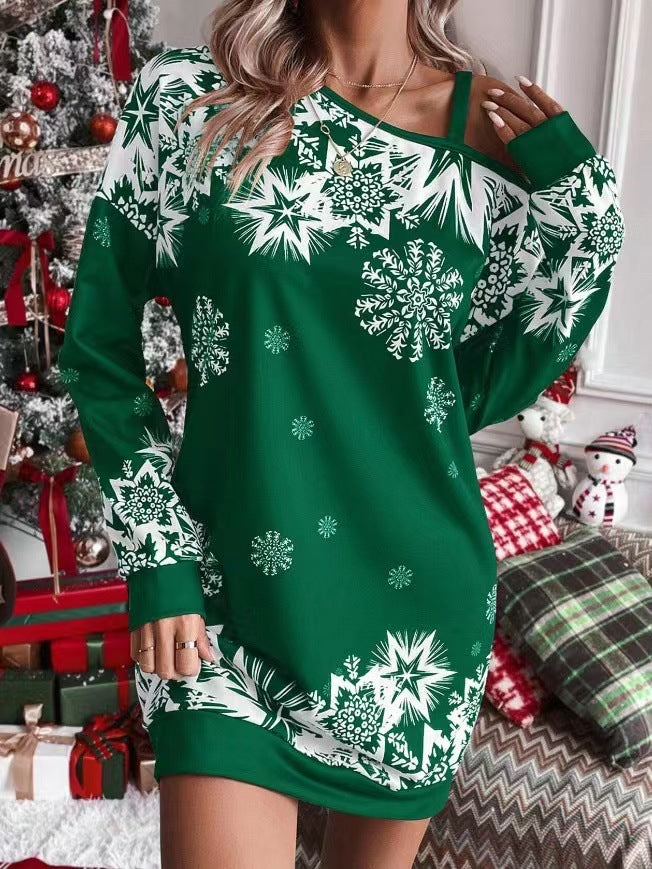 Christmas Snowflake Print Long Sleeve Sloping Shoulder Dress Women