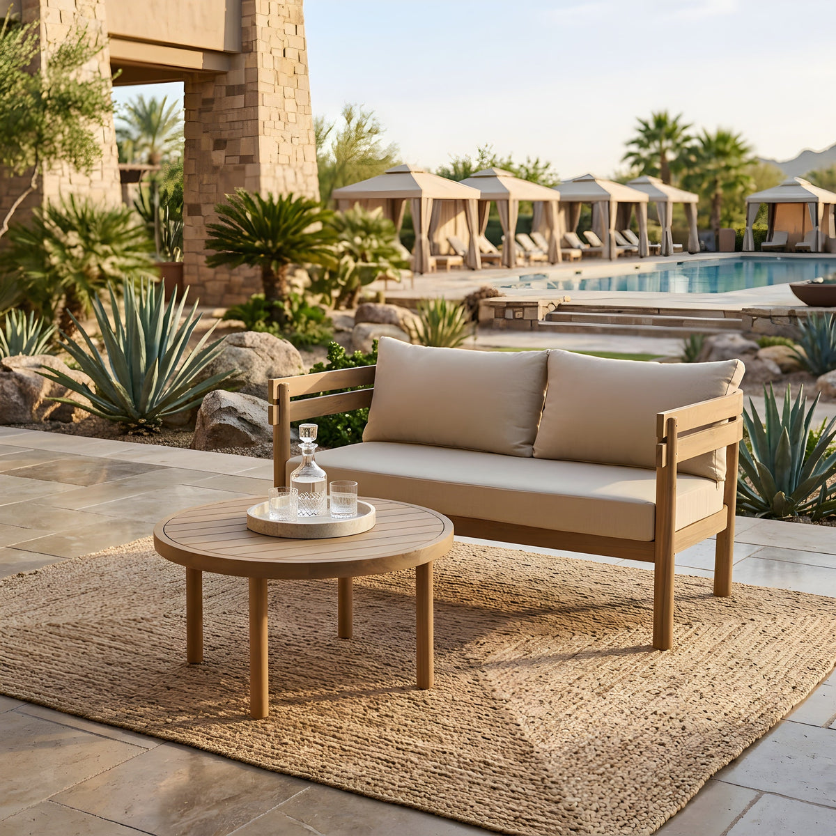 2-Piece Outdoor Acacia Wood Patio Loveseat Conversation Set