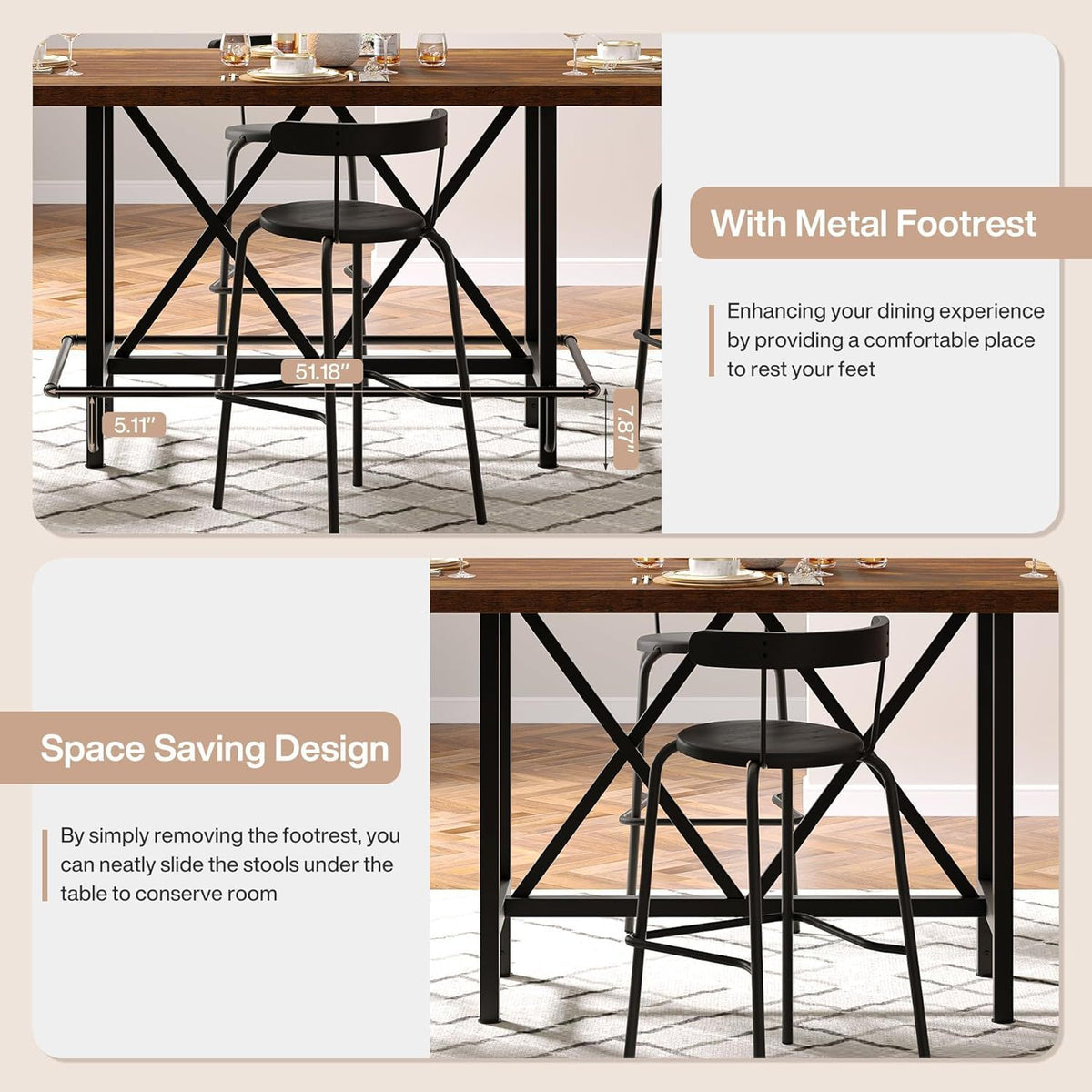 Counter Height Dining Rectangular Kitchen Table for 6 with Steel Frame - Brown / Black