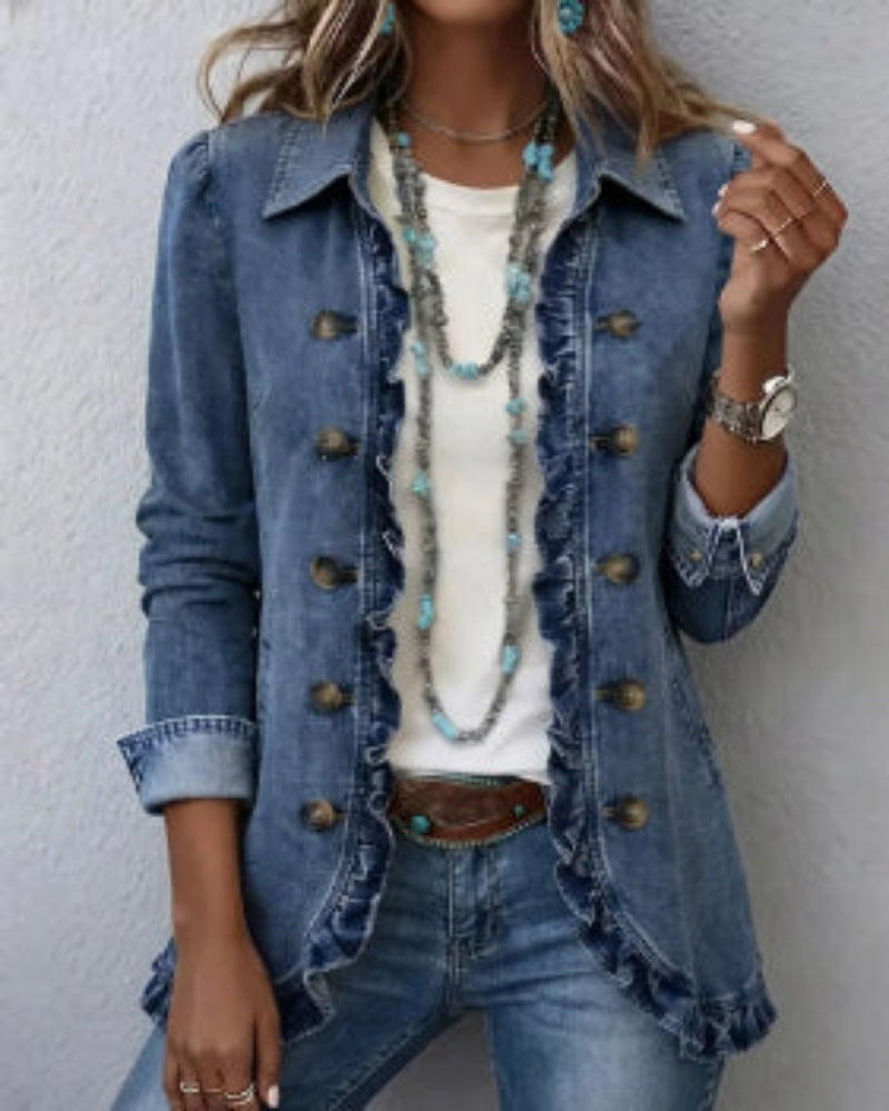 Floral Embroidered Ruffle Trim Double-Breasted Boho Cardigans
