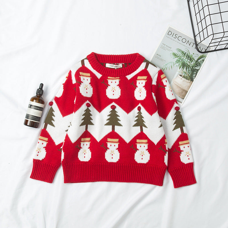 Jacquard Snowman Christmas Tree Parent-child Pullover