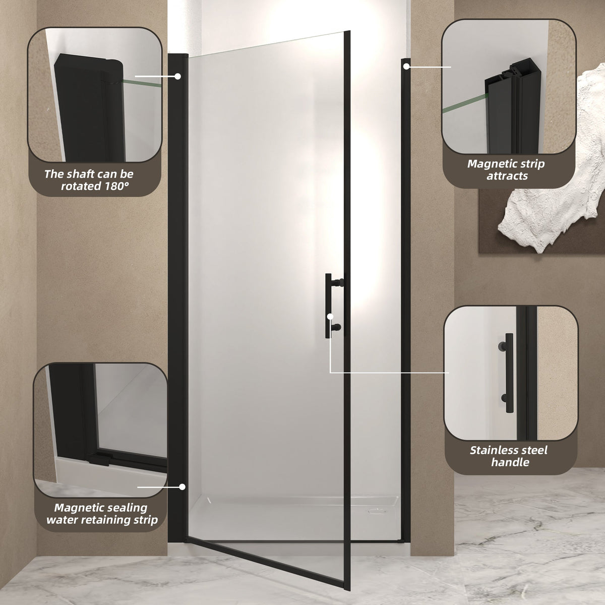 28"x 72" Pivot Shower Door, Matte