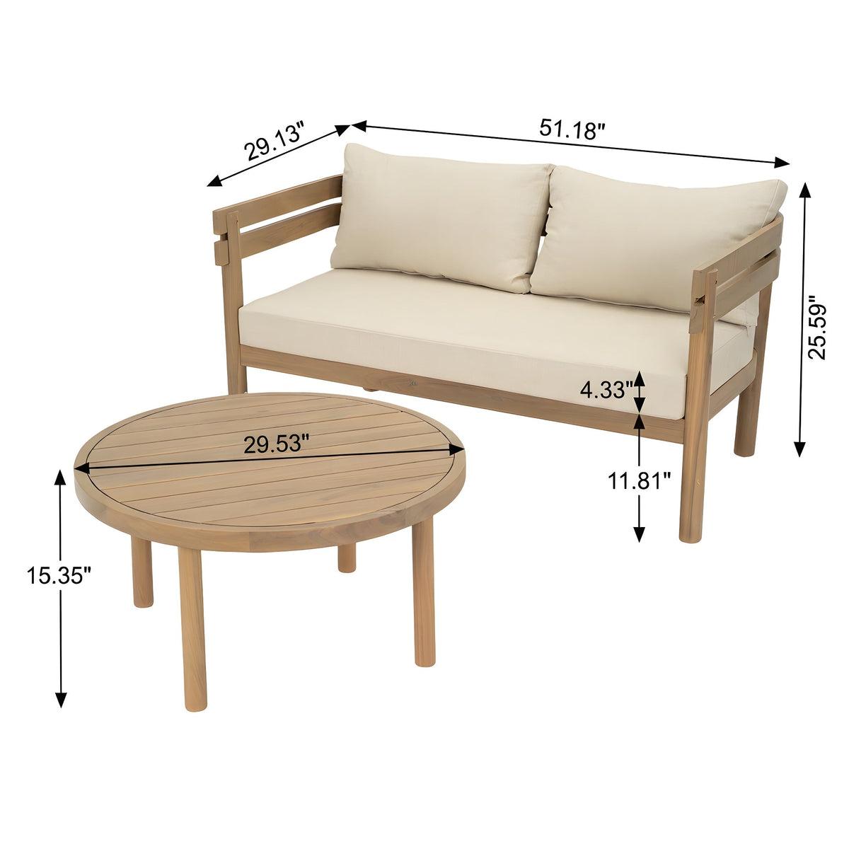2-Piece Outdoor Acacia Wood Patio Loveseat Conversation Set