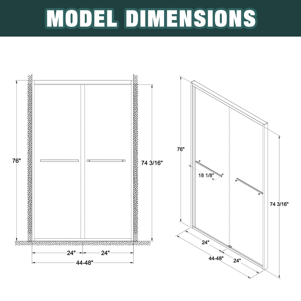 44-48"x76" Aluminum Frame Double Sliding Shower Door