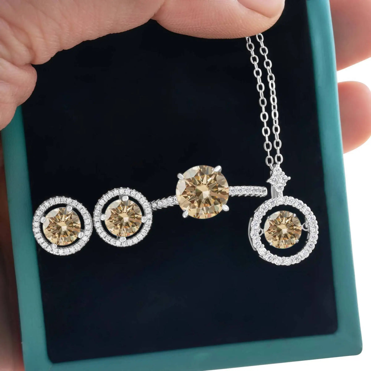 Moissanite Halo Necklace & Earrings with Solitaire Ring Set
