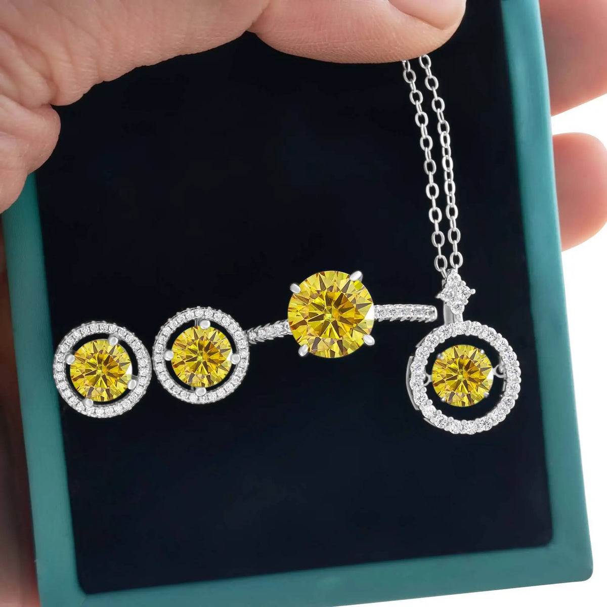 Moissanite Halo Necklace & Earrings with Solitaire Ring Set