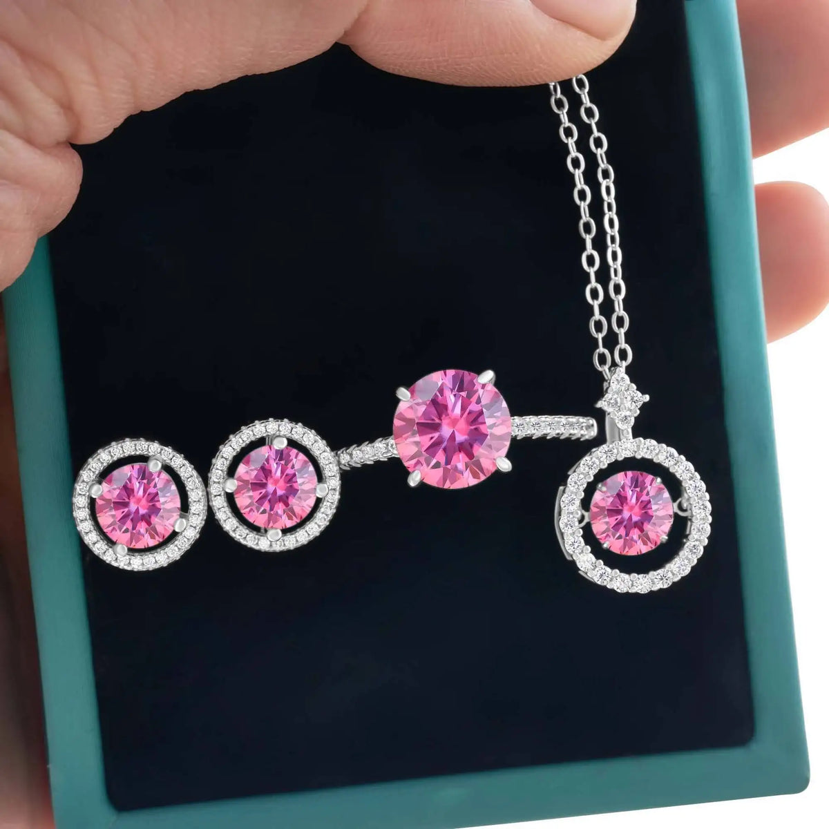 Moissanite Halo Necklace & Earrings with Solitaire Ring Set