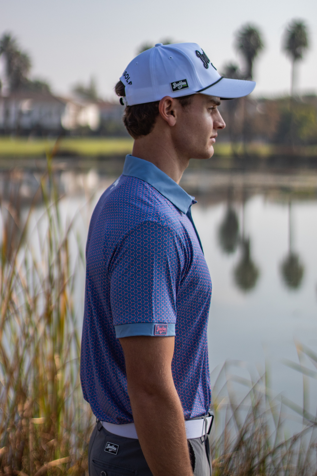 BooYaa Premium Men's Golf Polo, Fowler Pink and Blue Geometric Print, 4-Way Stretch