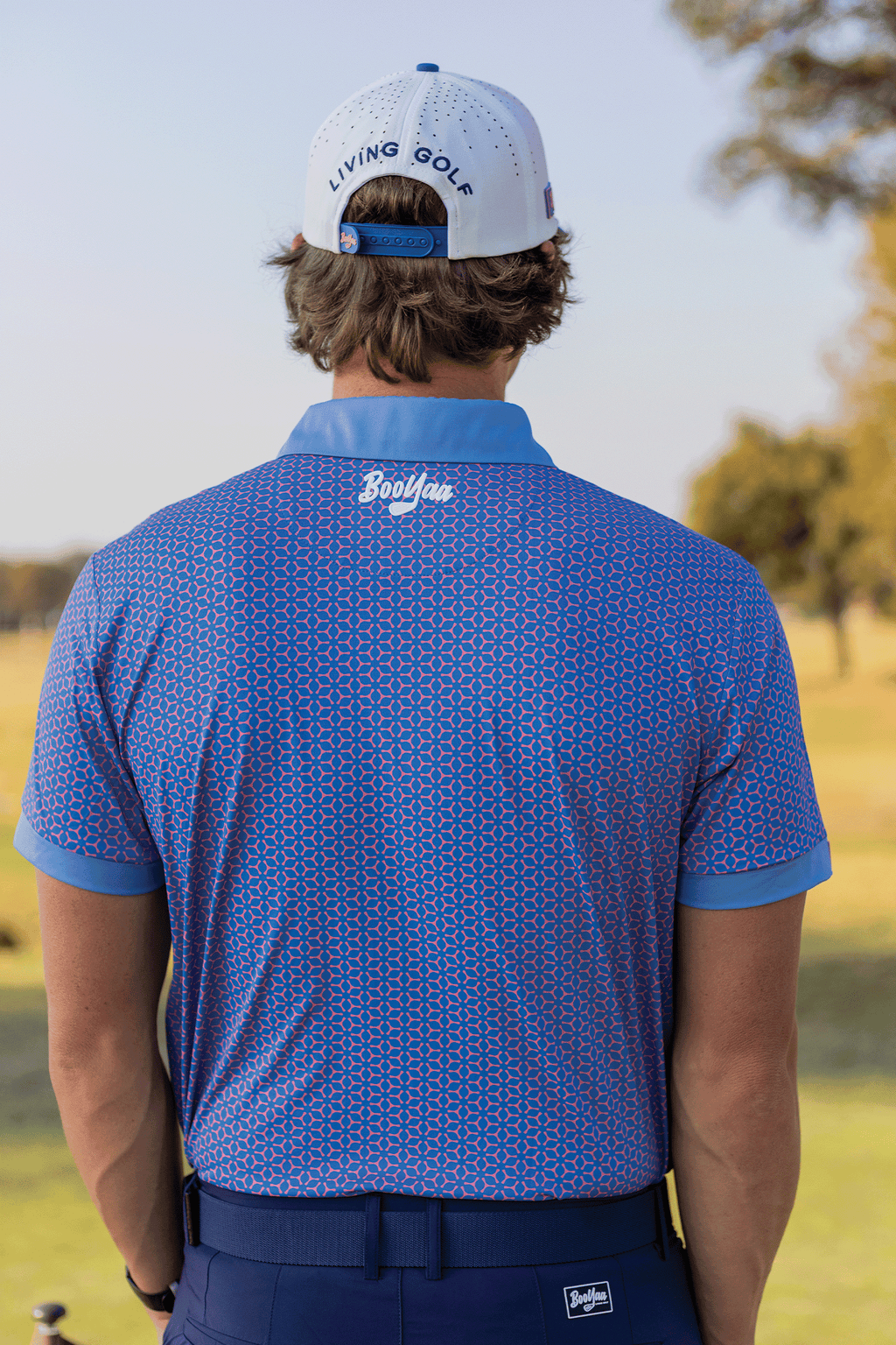 BooYaa Premium Men's Golf Polo, Fowler Pink and Blue Geometric Print, 4-Way Stretch