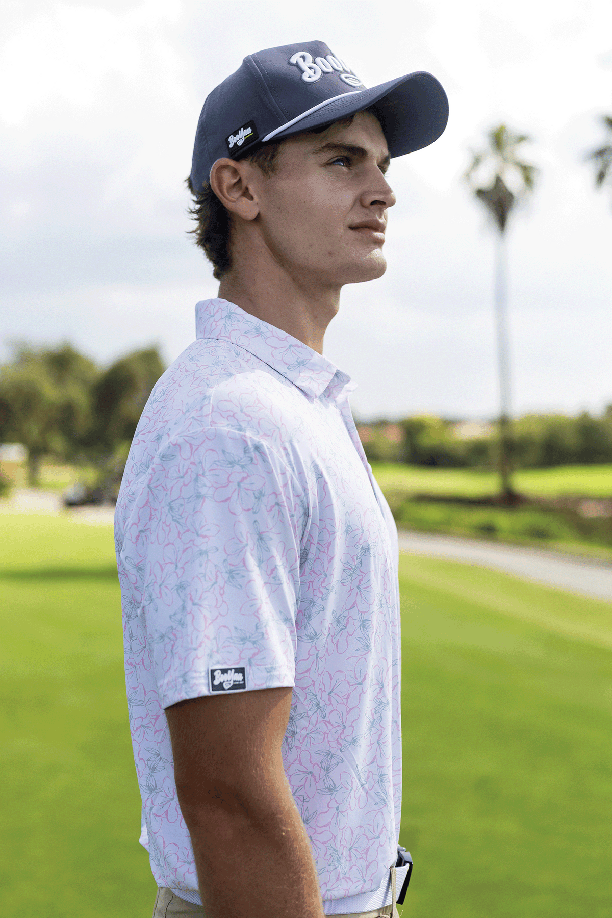 BooYaa Premium Men's Golf Polo, Rosebay White Floral Print, 4-Way Stretch, Moisture-Wicking