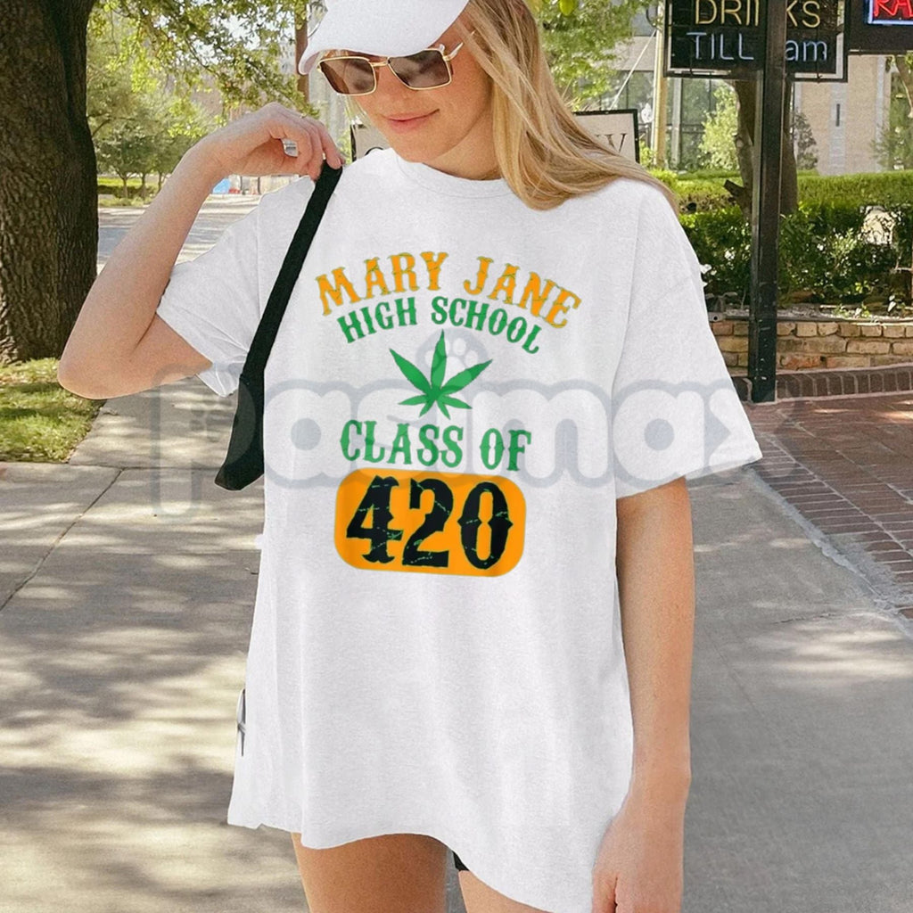 "Mary Jane High School Class of 420" T-Shirt – Retro Collegiate Stoner Graphic Tee, Premium 100% Cotton Herbal Humor Top, Soft Lived-In Heavyweight Vintage Parody Shirt, Made in USA