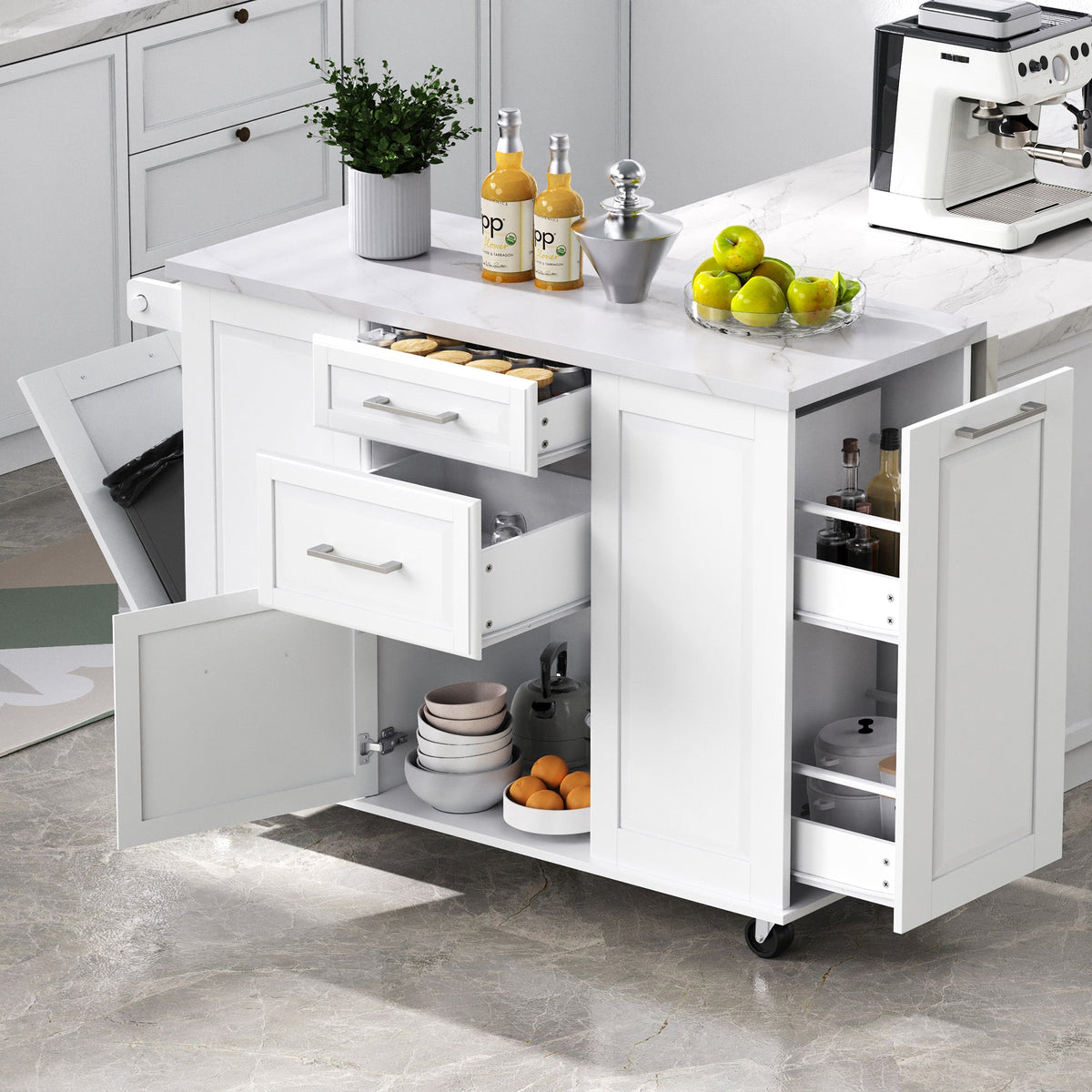 K&K Kitchen Island with Tilt Trash Can Cabinet - Grey+Blue or White