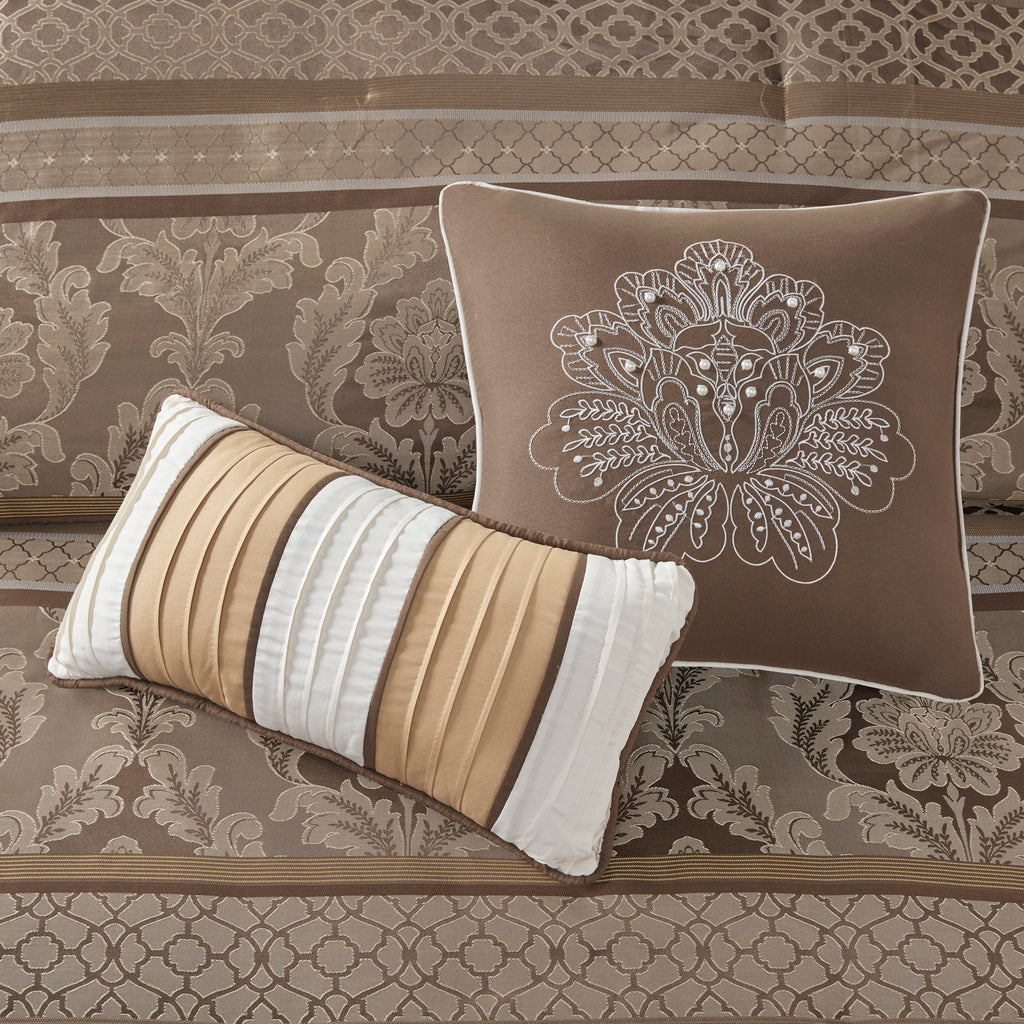 7 Piece Jacquard Comforter Set with Decorative Pillows - Brown & Gold California King