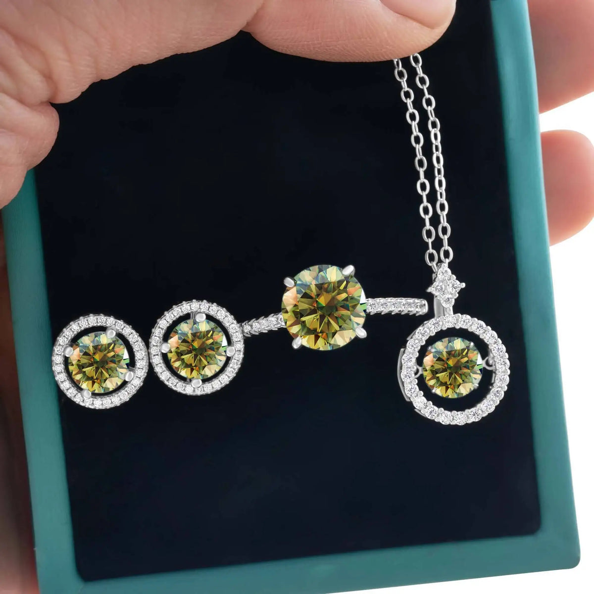 Moissanite Halo Necklace & Earrings with Solitaire Ring Set