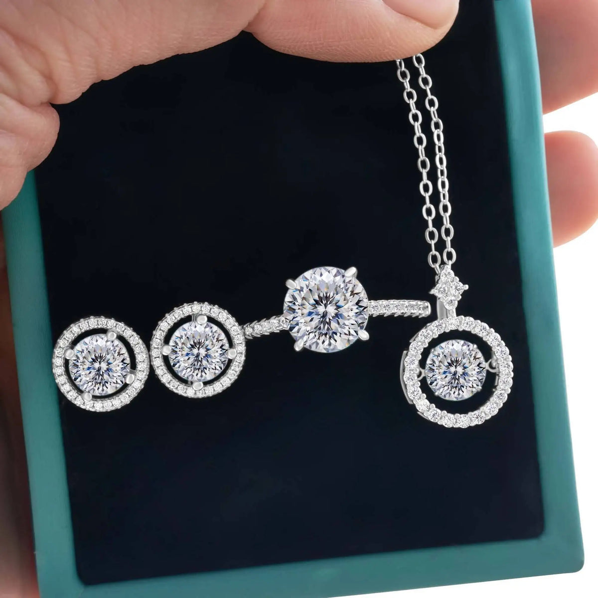 Moissanite Halo Necklace & Earrings with Solitaire Ring Set