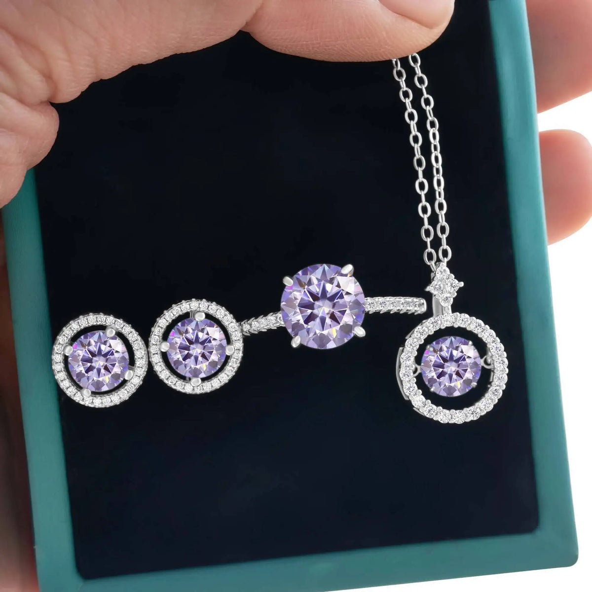 Moissanite Halo Necklace & Earrings with Solitaire Ring Set