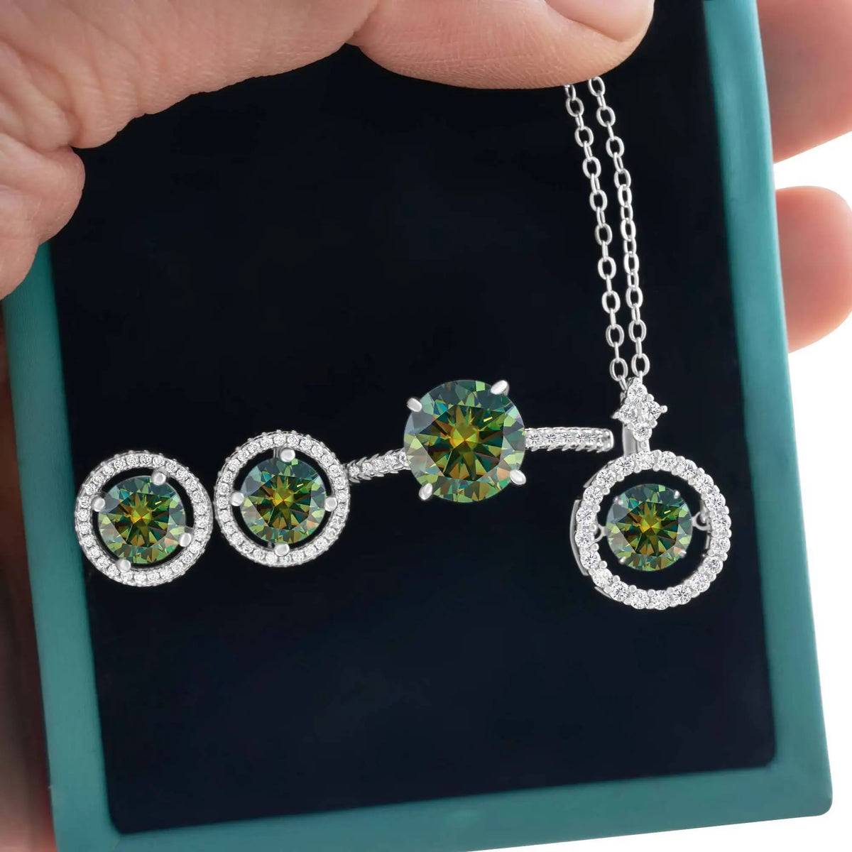 Moissanite Halo Necklace & Earrings with Solitaire Ring Set