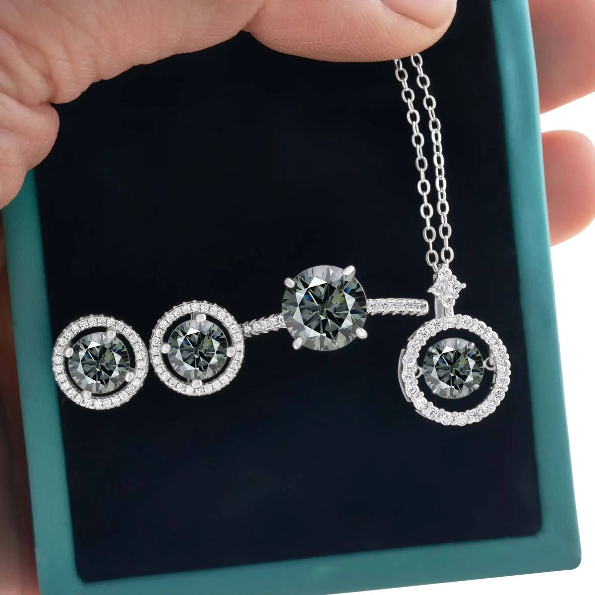 Moissanite Halo Necklace & Earrings with Solitaire Ring Set