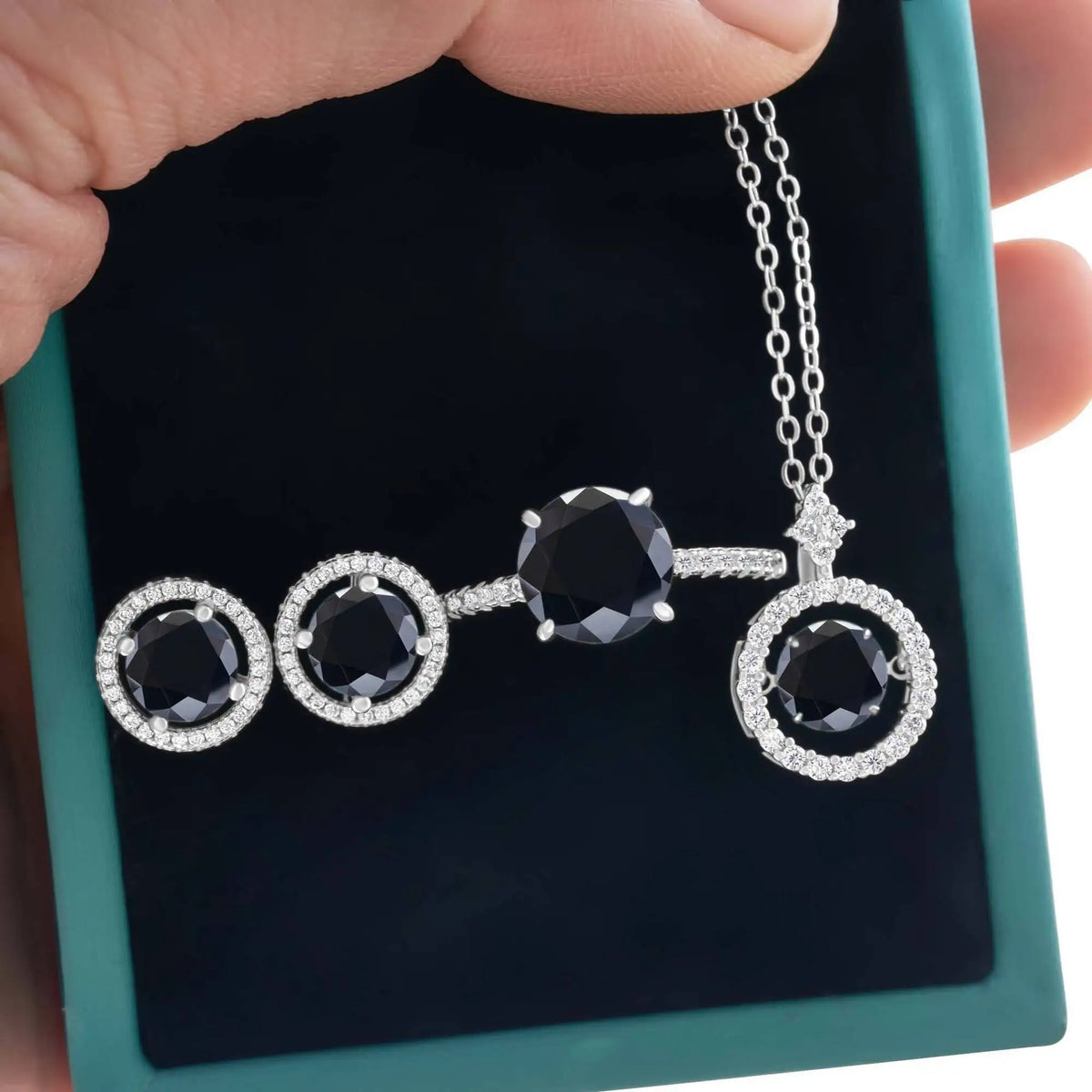 Moissanite Halo Necklace & Earrings with Solitaire Ring Set