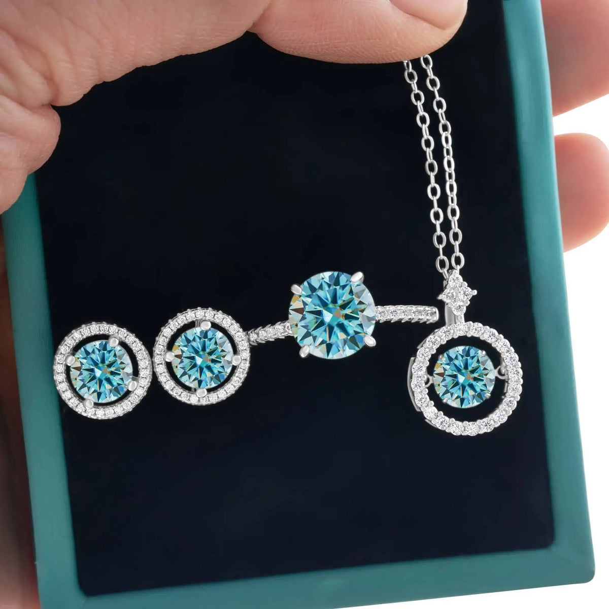 Moissanite Halo Necklace & Earrings with Solitaire Ring Set