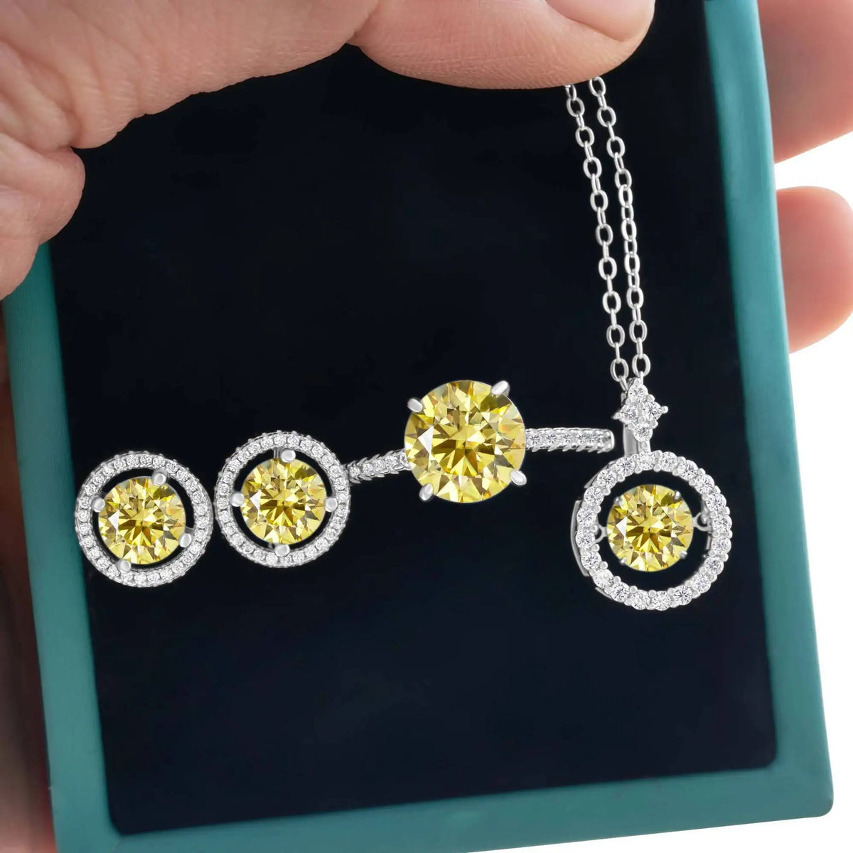 Moissanite Halo Necklace & Earrings with Solitaire Ring Set