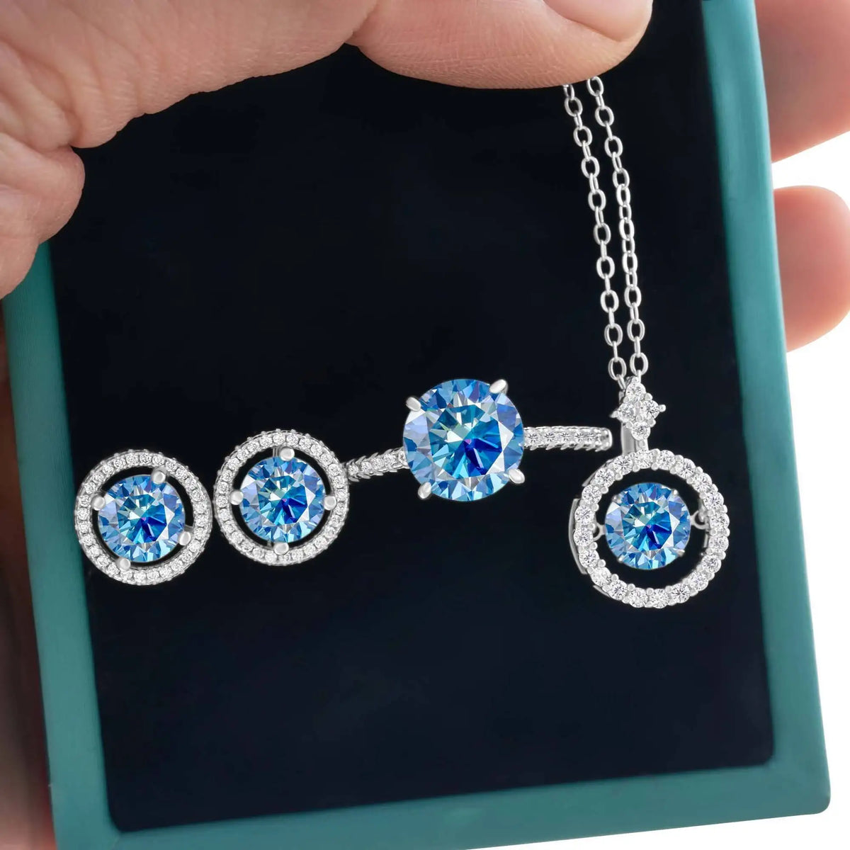 Moissanite Halo Necklace & Earrings with Solitaire Ring Set