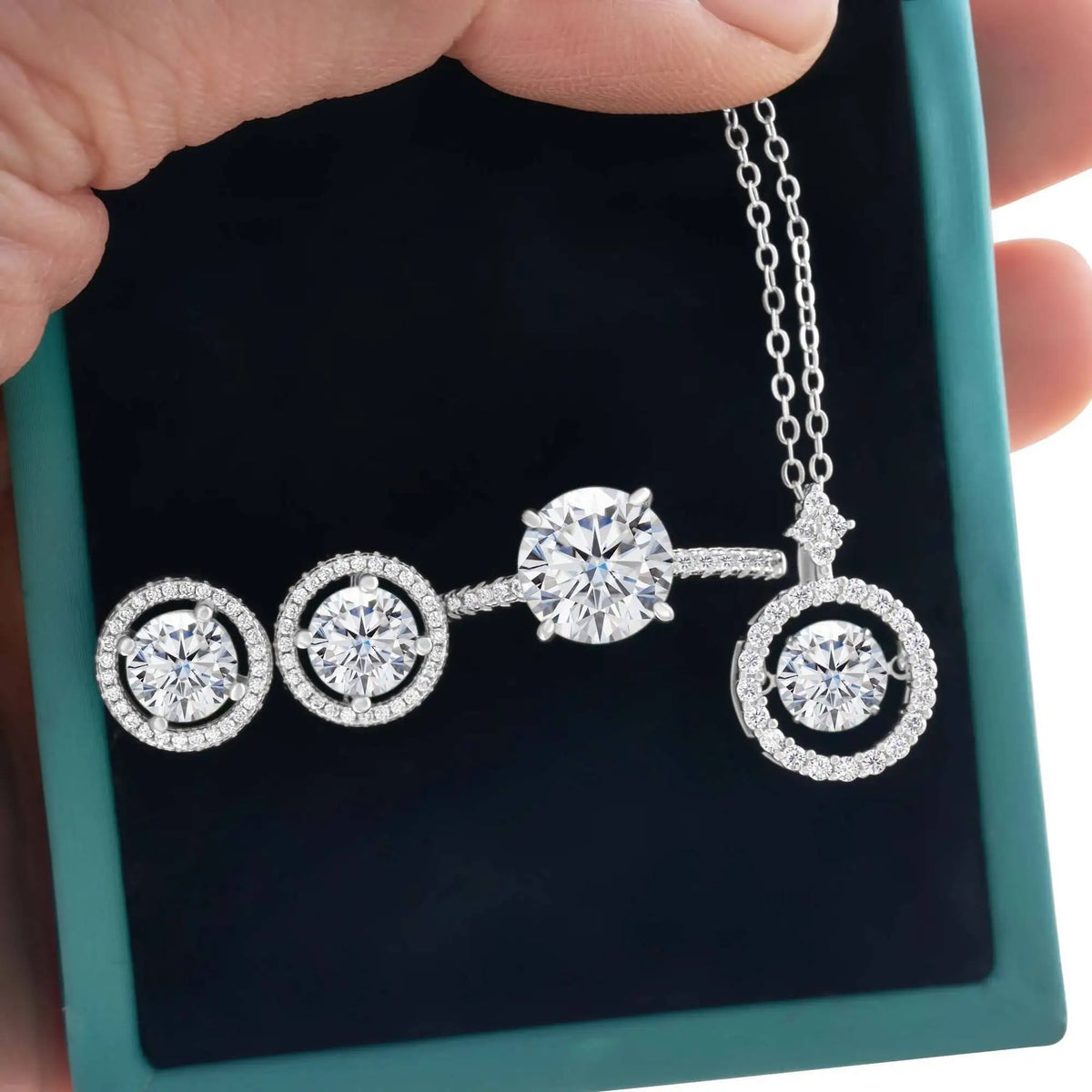 Moissanite Halo Necklace & Earrings with Solitaire Ring Set